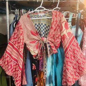 Kantha Bohemian Red and Cream Tie-Front Top